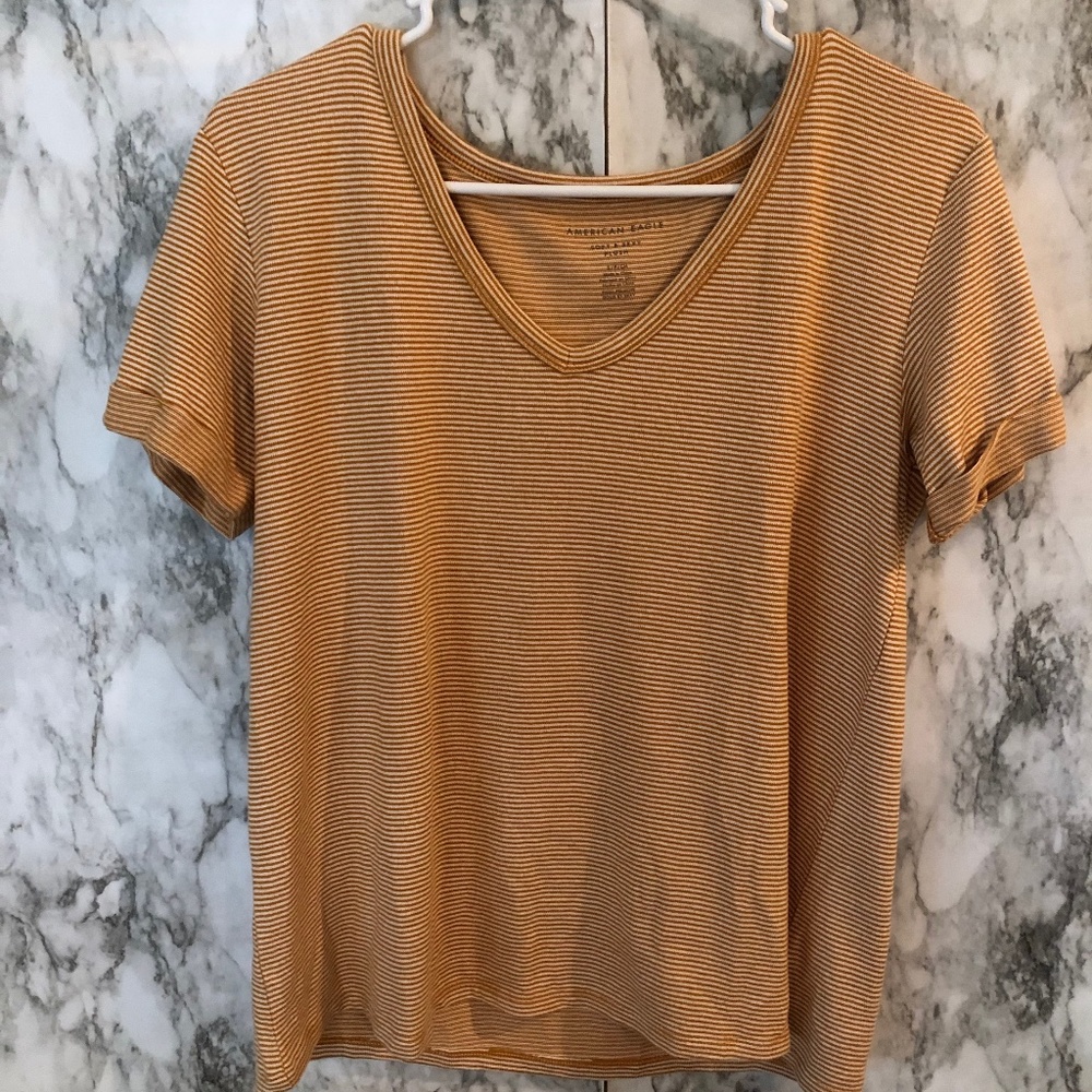 american eagle yellow and white striped v neck